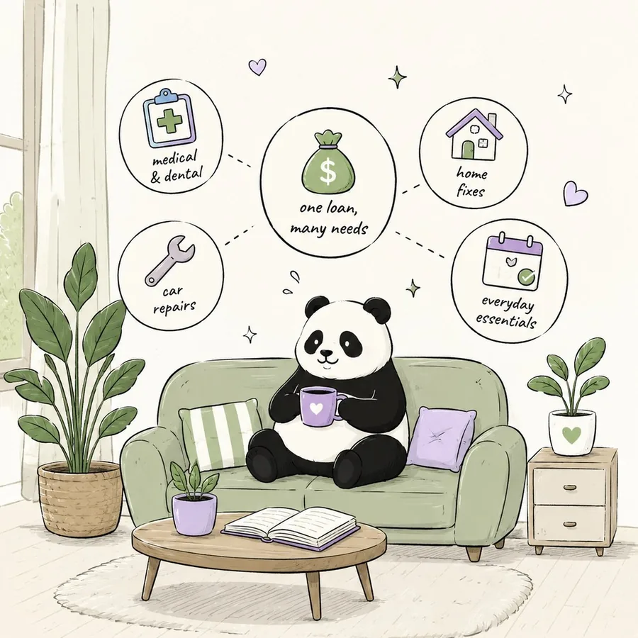Panda relaxing at home — one personal loan for many needs: medical and dental, car repairs, home fixes, everyday essentials